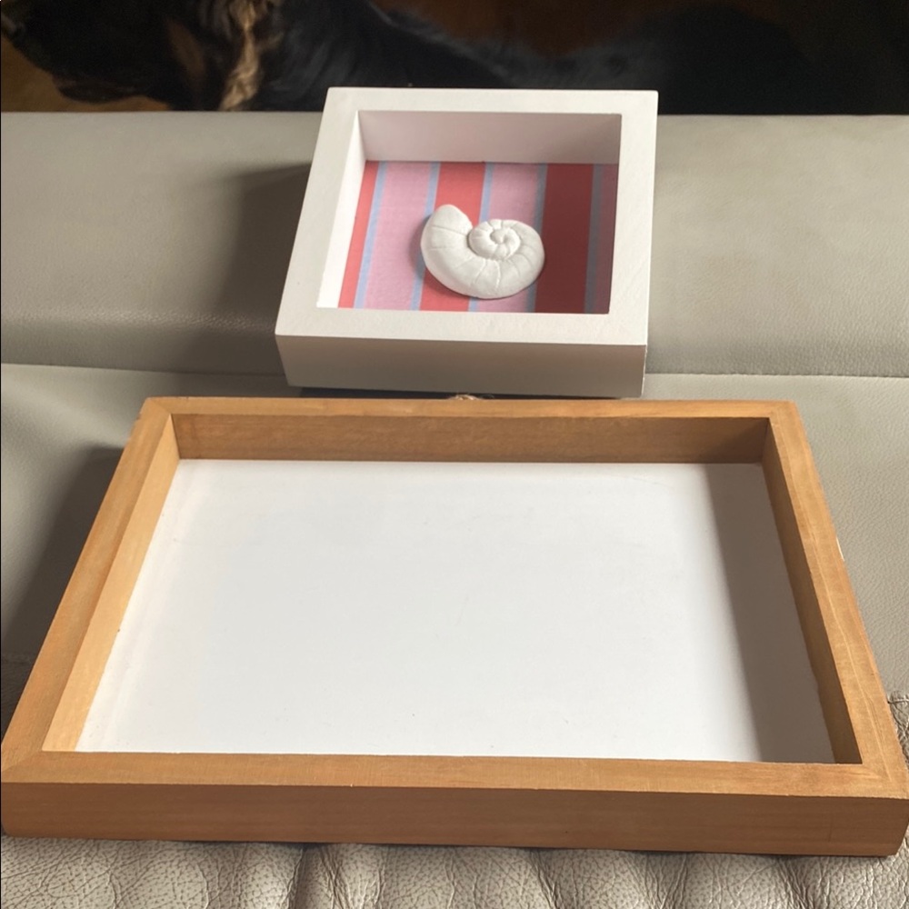 White and Tan shadow box  and Shell Accent tabletop decoration